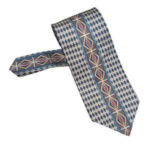Conte di Milano Necktie Vintage Geometric Diamond Print Silk Tie Blue Brown Red